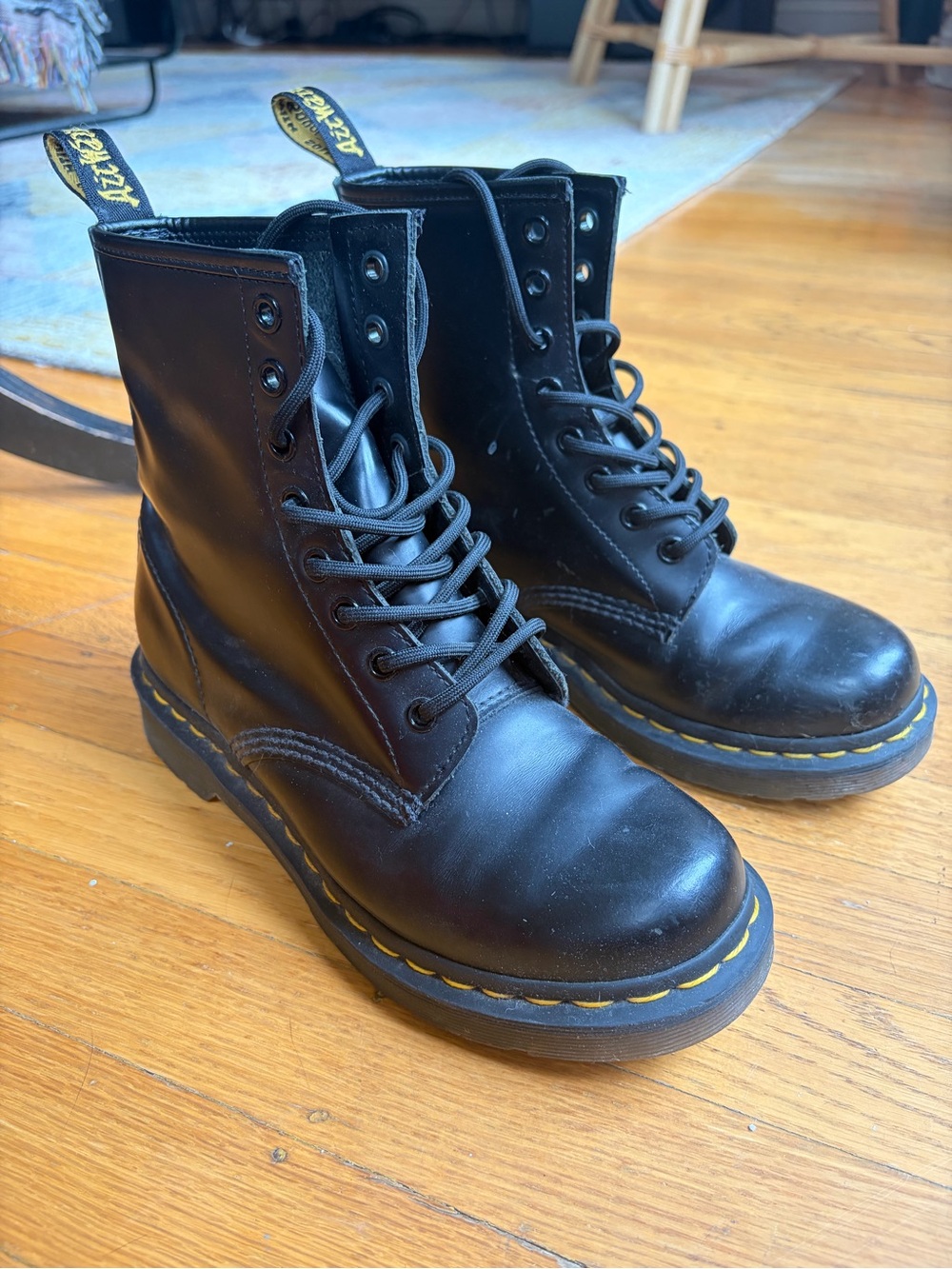 Dr. Martens Black Leather Lace-Up Boots with Yellow Stitching